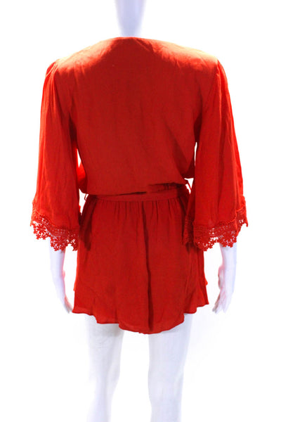 Lovers + Friends Women's V-Neck Long Sleeves Crochet Short Romper Red Size S