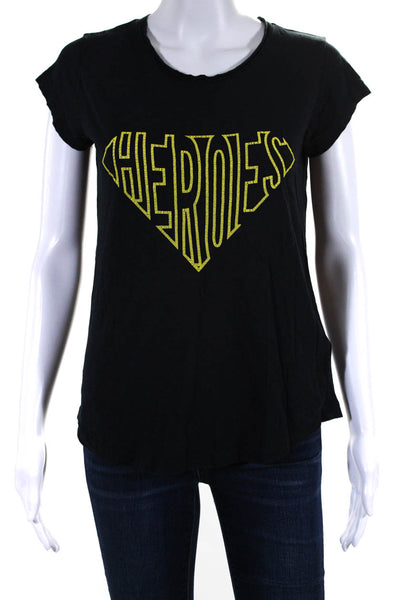 Zadig & Voltaire Women Heroes Skinny Slub Cap Sleeve Tee Shirt Navy Yellow Small