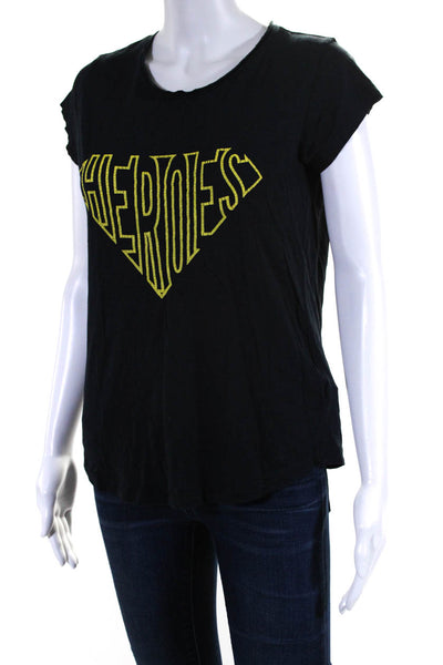 Zadig & Voltaire Women Heroes Skinny Slub Cap Sleeve Tee Shirt Navy Yellow Small