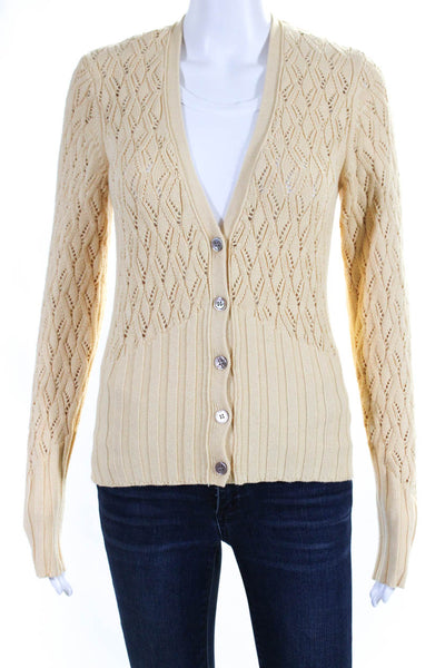 Minnie Rose Womens Button Front Open Knit Cardigan Sweater Beige Cotton Size XS