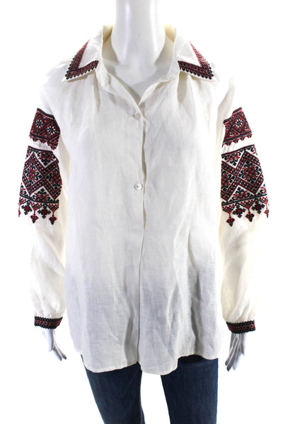 Nili Lotan Womens Cross Stitched Geometric Button Up Top Blouse White Size Small