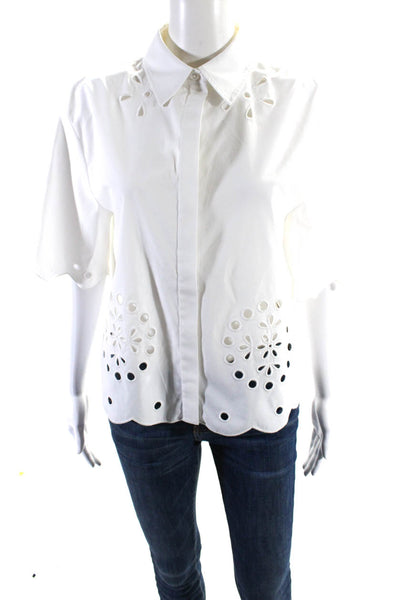 Jason Wu Womens Embroidered Eyelet Short Sleeve Button Up Blouse White Size 6