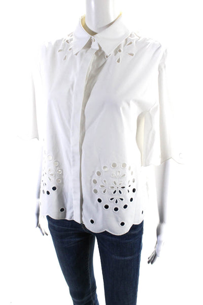 Jason Wu Womens Embroidered Eyelet Short Sleeve Button Up Blouse White Size 6