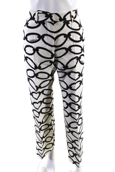 Valentino Womens Mid Rise Chain Logo Print Pleated Pants White Black Wool IT 38