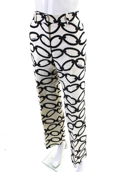 Valentino Womens Mid Rise Chain Logo Print Pleated Pants White Black Wool IT 38