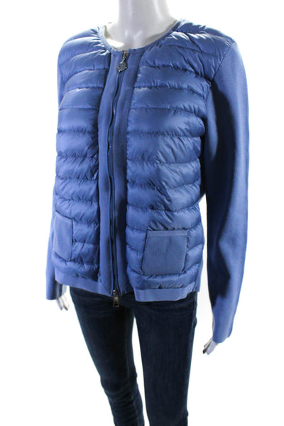 Moncler Womens Down Filled Quilted Zip Up Knit Puffer Maglia Jacket Sweater Blue