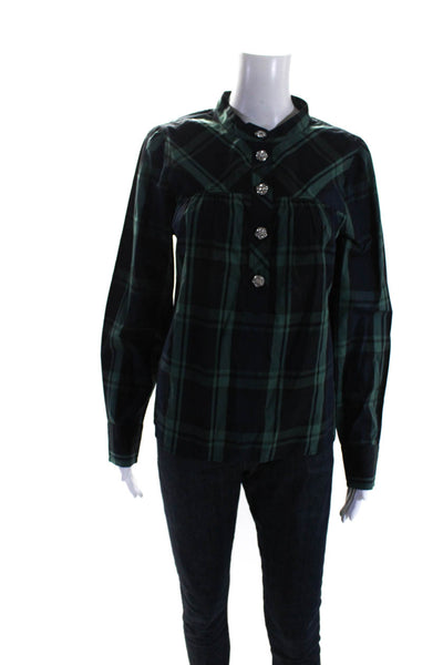 J Crew Womens Long Sleeve Rhinestone Button Plaid Top Blouse Navy Green Small