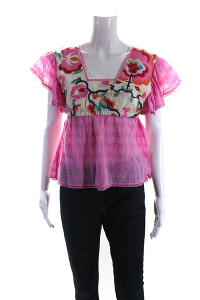 Plenty Womens Embroidered Flutter Sleeve Square Neck Top Blouse Pink XS