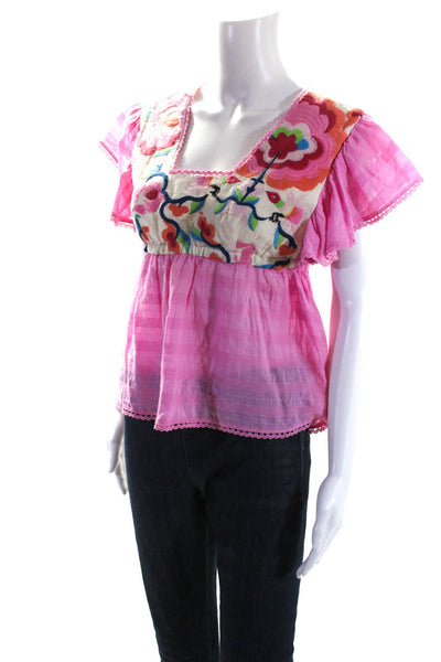 Plenty Womens Embroidered Flutter Sleeve Square Neck Top Blouse Pink XS