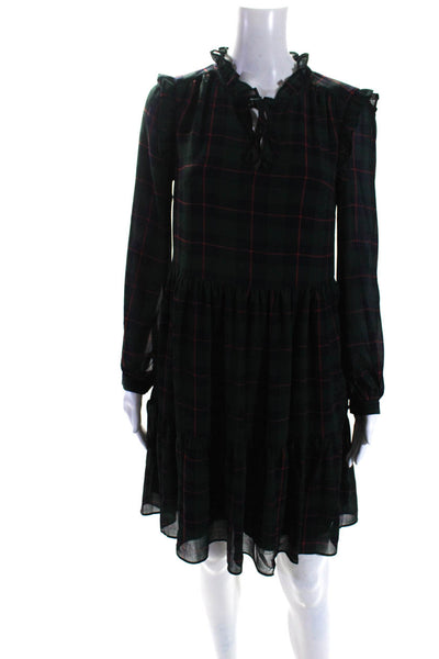 J Crew Womens Long Sleeve Plaid Chiffon Tie Neck A Line Dress Green Navy Size XS