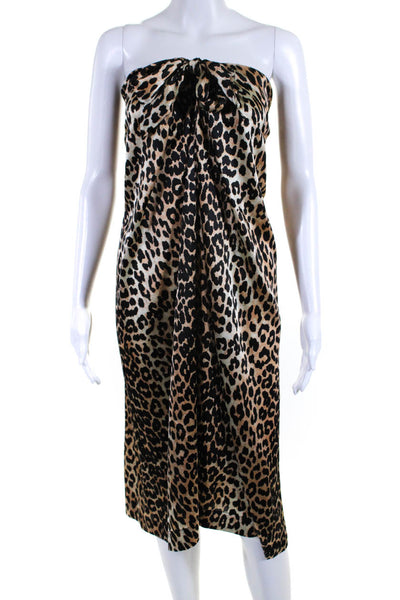 Ganni Womens Open Back Halter V Neck Leopard Silk Dress Black Brown Size FR 36