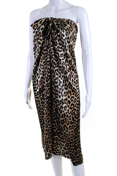 Ganni Womens Open Back Halter V Neck Leopard Silk Dress Black Brown Size FR 36