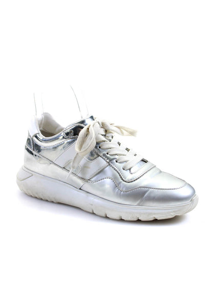 Hogan Womens Lace Up Side Logo Metallic Trainers Sneakers Silver Leather Size 37