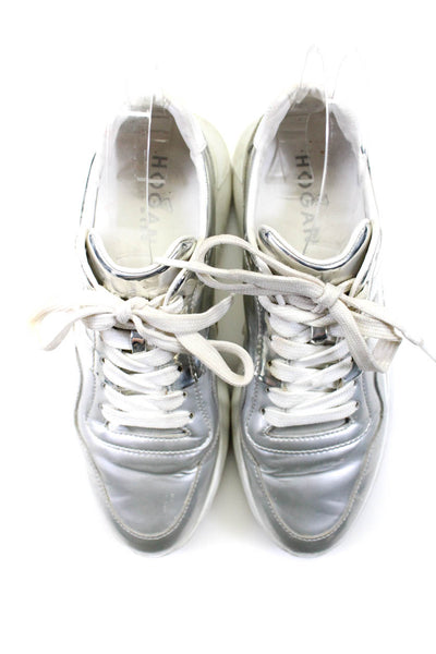 Hogan Womens Lace Up Side Logo Metallic Trainers Sneakers Silver Leather Size 37