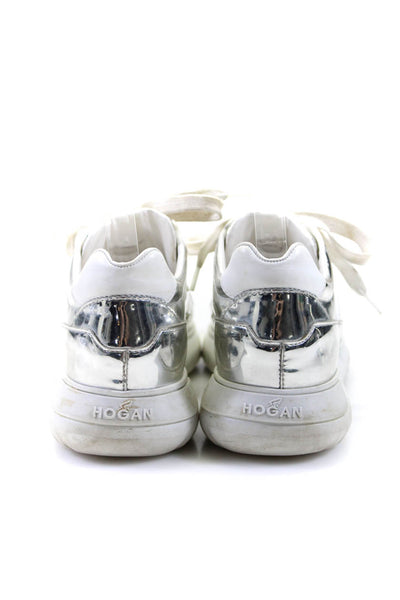 Hogan Womens Lace Up Side Logo Metallic Trainers Sneakers Silver Leather Size 37