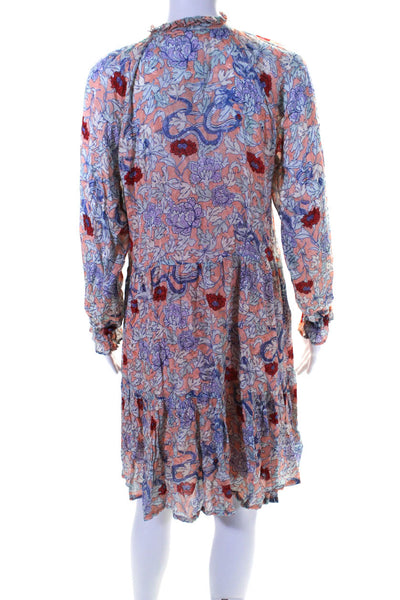 Roller Rabbit Womens Long Sleeve Tie Neck Dragon Shift Dress Pink Blue Size XS