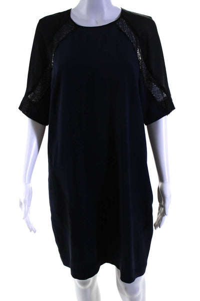 Reiss Womens Lace Trim Keyhole Back Short Sleeve Shift Dress Navy Blue Size 10