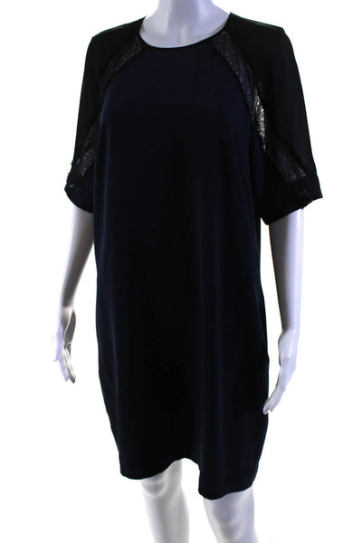 Reiss Womens Lace Trim Keyhole Back Short Sleeve Shift Dress Navy Blue Size 10