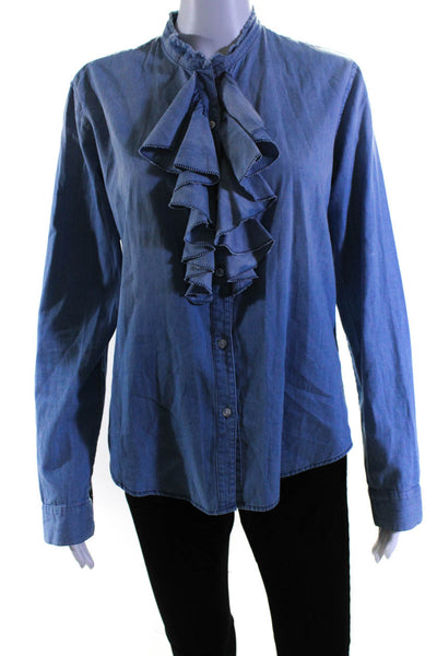 NSF Womens Cotton Denim Long Sleeve Ruffled Placket Button Up Shirt Blue Size L