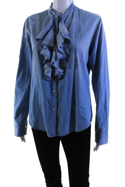 NSF Womens Cotton Denim Long Sleeve Ruffled Placket Button Up Shirt Blue Size L