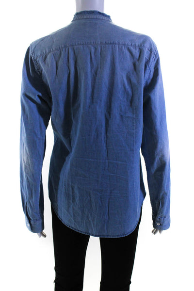 NSF Womens Cotton Denim Long Sleeve Ruffled Placket Button Up Shirt Blue Size L