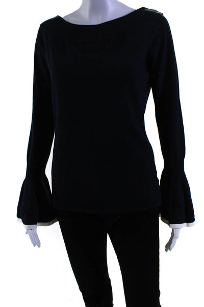 Intermix Womens Long Flounce Sleeve Off The Shoulder Knit Top Navy Blue Size L