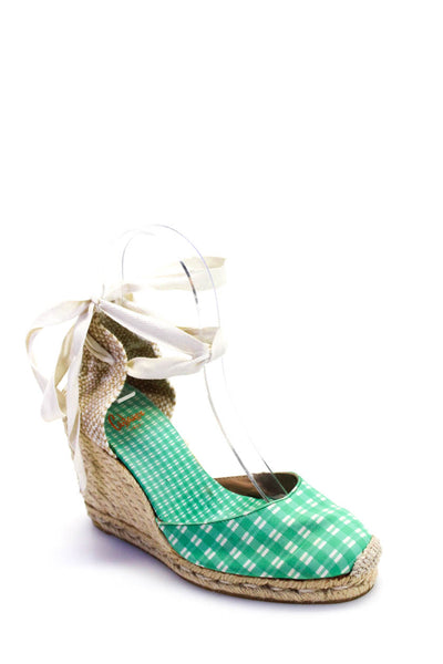 Castaner Womens Check Print Espadrille Lace-Up Tied Wedge Heels Green Size EUR35