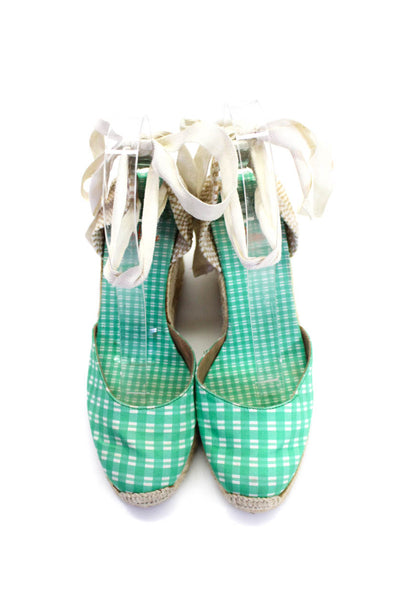 Castaner Womens Check Print Espadrille Lace-Up Tied Wedge Heels Green Size EUR35