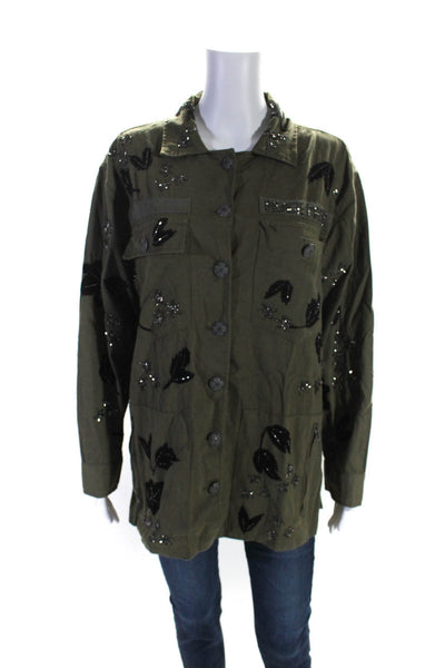 Rapsodia Womens Twill Beaded Applique Button Up Jacket Olive Green Size L