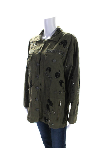 Rapsodia Womens Twill Beaded Applique Button Up Jacket Olive Green Size L