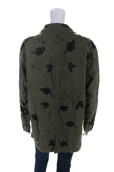 Rapsodia Womens Twill Beaded Applique Button Up Jacket Olive Green Size L