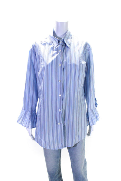 Bell Womens Striped Long Flare Sleeves Button Down Shirt Blue Cotton Size 14