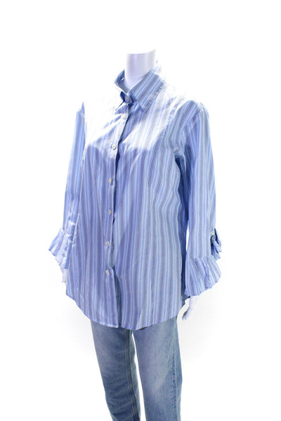 Bell Womens Striped Long Flare Sleeves Button Down Shirt Blue Cotton Size 14