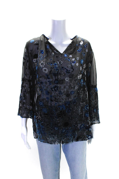 Elie Tahari Women's Round Neck Long Sleeves Floral Sheer Blouse Size M