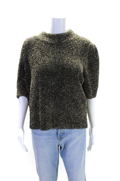 Kate Spade New York Womens Short Sleeve Metallic Knit Mock Neck Top Brown XL