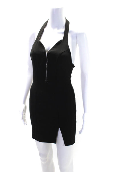 Super Down Womens Front Zip Sleeveless Halter Little Black Dress Black Size S