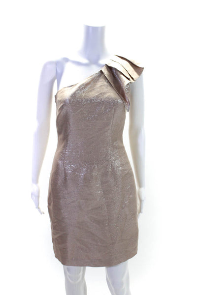 Trina Turk Womens Metallic Print Darted Pleated One Shoulder Dress Beige Size M