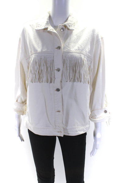 Zara Womens Cotton Studded Frayed Textured Buttoned Collared Jacket Beige Size S