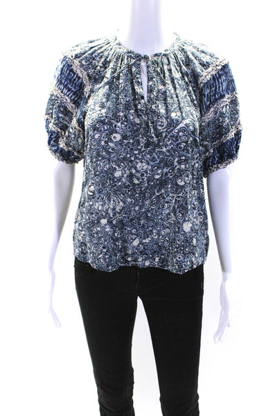 Ulla Johnson Womens Cotton Abstract Print Tied V-Neck Blouse Top Blue Size 0