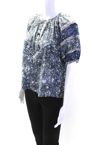 Ulla Johnson Womens Cotton Abstract Print Tied V-Neck Blouse Top Blue Size 0