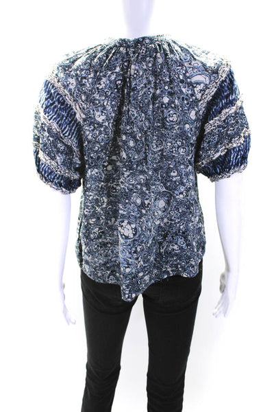 Ulla Johnson Womens Cotton Abstract Print Tied V-Neck Blouse Top Blue Size 0