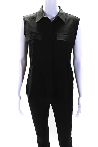 Nonchalant Womens Collared V-Neck Sleeveless Buttoned Blouse Top Black Size S