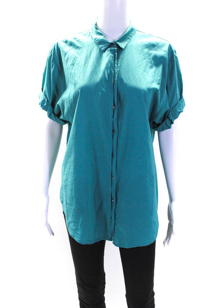 Xirena Womens Cotton Collared V-Neck Buttoned Short Sleeve Top Green Size S