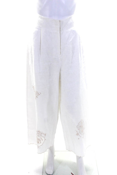 Alemais Womens Linen Embroidered Abstract Wide Leg Casual Pants White Size 8