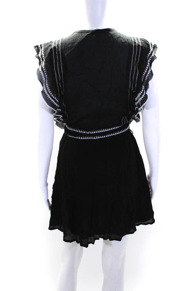 IRO Womens Belted Embroidered Ruffled Scoop Neck Shift Dress Black White FR 34