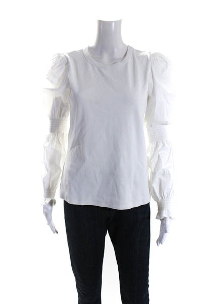 Veronica Beard Womens Poplin Lantern Sleeve Ribbed Tee Shirt Blouse White Medium