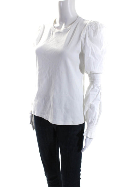 Veronica Beard Womens Poplin Lantern Sleeve Ribbed Tee Shirt Blouse White Medium