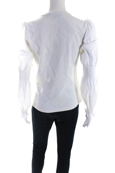 Veronica Beard Womens Poplin Lantern Sleeve Ribbed Tee Shirt Blouse White Medium