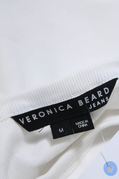 Veronica Beard Womens Poplin Lantern Sleeve Ribbed Tee Shirt Blouse White Medium