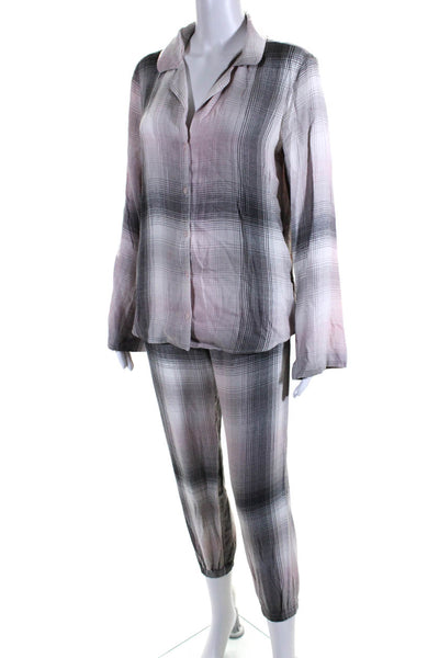 Bella Dahl Womens Plaid Buttoned Collared Top Pants Sleepwear Set Pink Size S